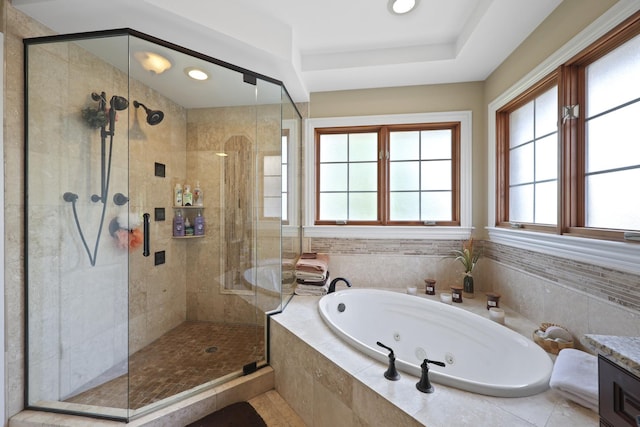 6451 W 81st St, Burbank, IL 60459 - bathroom featuring a tub with jets, a shower stall, vanity, a raised ceiling, and recessed lighting