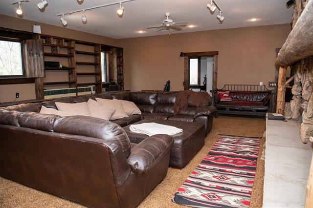 2003 W Hanover Rd, Hanover, IL 61041 - carpeted living area with plenty of natural light, track lighting, and a ceiling fan