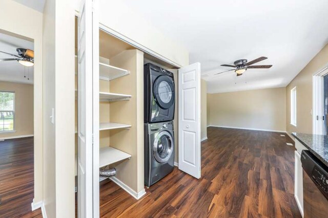 2054 Trafalger Ct, Romeoville, IL 60446 - washroom featuring ceiling fan, stacked washer / dryer, and dark wood-type flooring