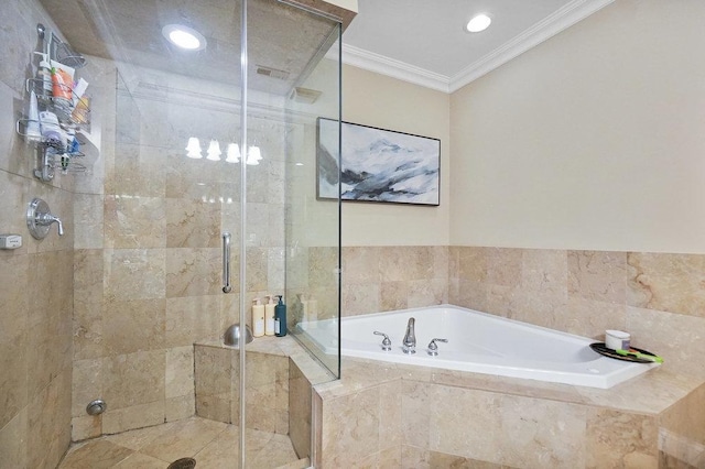 453 N May St Unit Gs, Chicago, IL 60642 - bathroom with a garden tub, a stall shower, recessed lighting, and crown molding
