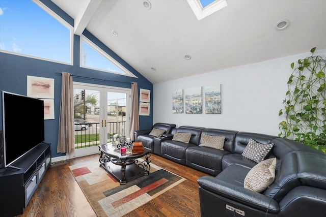 9631 Fullerton Ave, Franklin Park, IL 60131 - living area featuring a skylight, wood finished floors, beam ceiling, french doors, and high vaulted ceiling