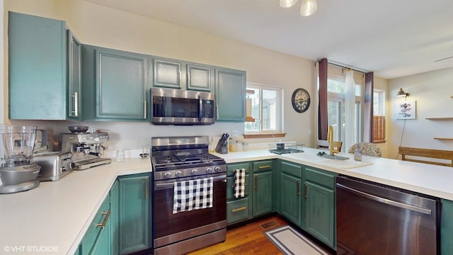 1389 Lily Cache Ln, Bolingbrook, IL 60490 - kitchen with stainless steel appliances, light countertops, a peninsula, and wood finished floors