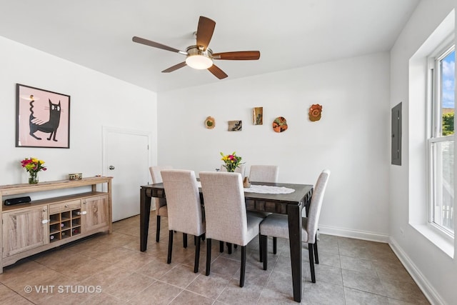 1828 Hovland Ct, Evanston, IL 60201 - dining area with light tile patterned floors, a ceiling fan, and electric panel