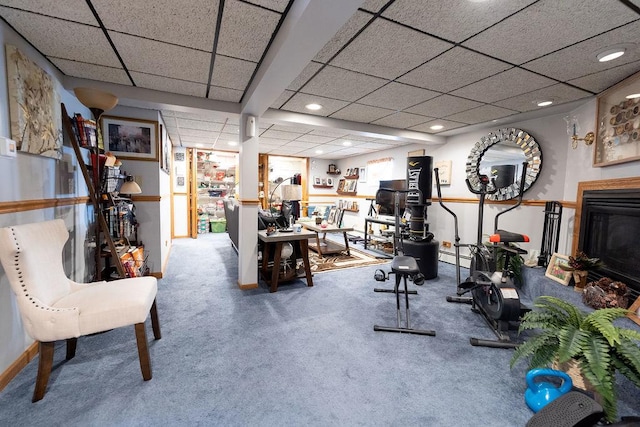 8805 S California Ave, Evergreen Park, IL 60805 - exercise room with recessed lighting, carpet floors, a glass covered fireplace, and a drop ceiling