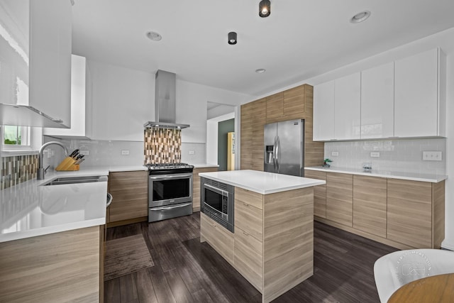 3462 Ayres Dr, Aurora, IL 60506 - kitchen with stainless steel appliances, modern cabinets, exhaust hood, light countertops, and recessed lighting