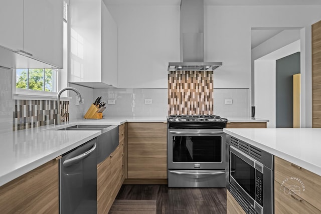 3462 Ayres Dr, Aurora, IL 60506 - kitchen with appliances with stainless steel finishes, modern cabinets, light countertops, range hood, and decorative backsplash