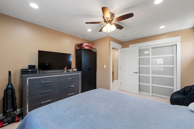 8313 W Ballard Rd, Niles, IL 60714 - bedroom with recessed lighting, ceiling fan, light colored carpet, and a closet