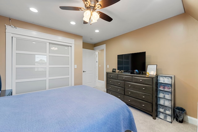 8313 W Ballard Rd, Niles, IL 60714 - bedroom featuring light colored carpet, recessed lighting, and a ceiling fan