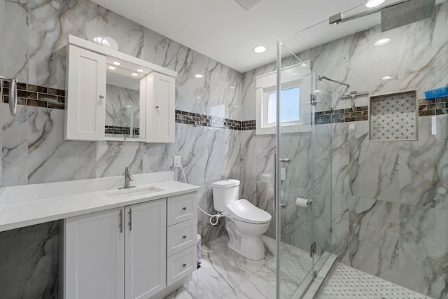 8313 W Ballard Rd, Niles, IL 60714 - full bathroom featuring a marble finish shower, marble tiled flooring, vanity, and tile walls