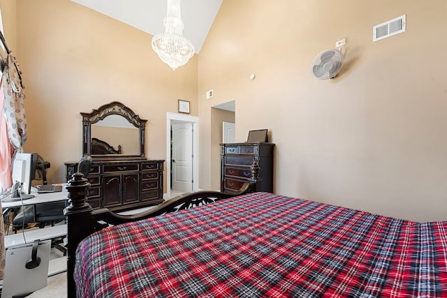8313 W Ballard Rd, Niles, IL 60714 - bedroom featuring a chandelier, high vaulted ceiling, and carpet