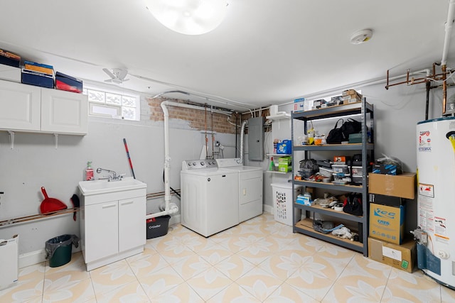 8313 W Ballard Rd, Niles, IL 60714 - below grade area with washer and clothes dryer, electric panel, and gas water heater