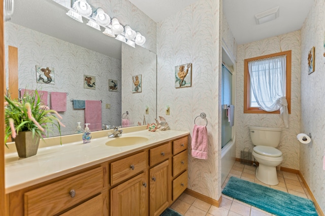 1422 Pier Dr, Lake Summerset, IL 61019 - bathroom featuring tile patterned floors, vanity, wallpapered walls, and enclosed tub / shower combo