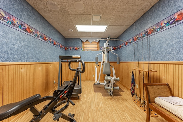 1422 Pier Dr, Lake Summerset, IL 61019 - workout area featuring a wainscoted wall, wood finished floors, and a drop ceiling