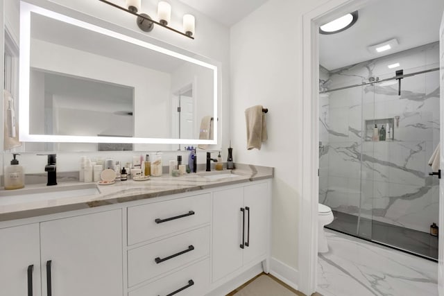 19635 Swanberg Ln, Mokena, IL 60448 - full bathroom featuring marble look tiles, double vanity, and a marble finish shower