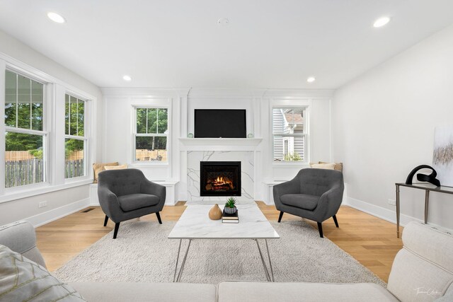 4508 Stonewall Ave, Downers Grove, IL 60515 - living area with a premium fireplace, light wood-style flooring, and recessed lighting