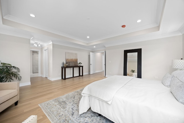 4508 Stonewall Ave, Downers Grove, IL 60515 - bedroom featuring a raised ceiling, recessed lighting, light wood finished floors, and crown molding