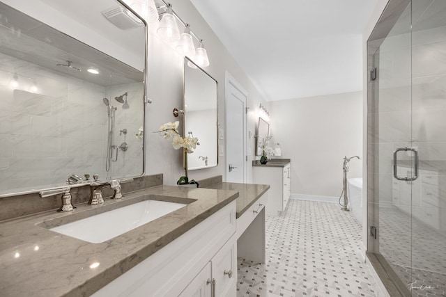 4508 Stonewall Ave, Downers Grove, IL 60515 - bathroom featuring a stall shower, two vanities, a freestanding bath, and tile patterned floors