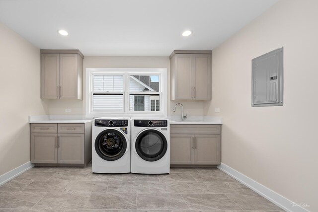 4508 Stonewall Ave, Downers Grove, IL 60515 - laundry area featuring washing machine and dryer, electric panel, cabinet space, and recessed lighting