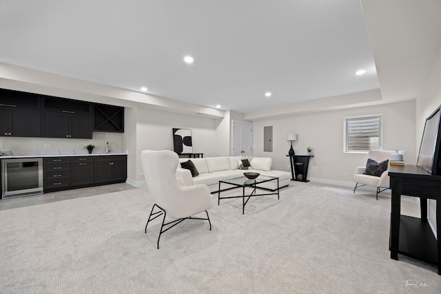 4508 Stonewall Ave, Downers Grove, IL 60515 - living room featuring wine cooler, wet bar, recessed lighting, light carpet, and electric panel