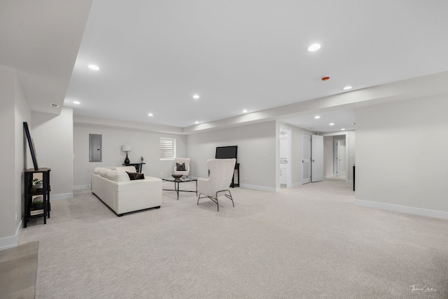 4508 Stonewall Ave, Downers Grove, IL 60515 - living room with electric panel, light colored carpet, and recessed lighting