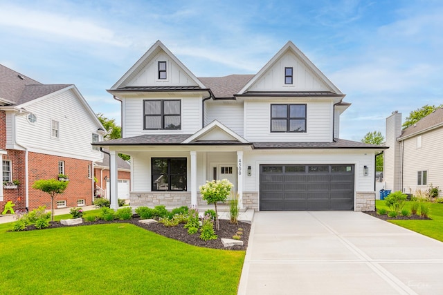 4508 Stonewall Ave, Downers Grove, IL 60515 - modern farmhouse style home with an attached garage, a front lawn, concrete driveway, and board and batten siding