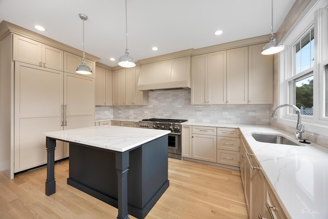 4508 Stonewall Ave, Downers Grove, IL 60515 - kitchen with high end range, premium range hood, backsplash, light wood finished floors, and recessed lighting