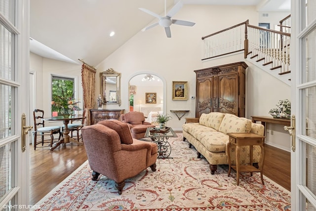 85 Ela Rd, Inverness, IL 60067 - living room featuring high vaulted ceiling, wood finished floors, ceiling fan, stairs, and recessed lighting