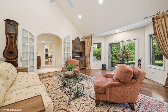 85 Ela Rd, Inverness, IL 60067 - living area featuring arched walkways, high vaulted ceiling, wood finished floors, recessed lighting, and ceiling fan