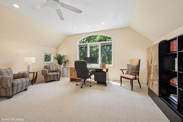 85 Ela Rd, Inverness, IL 60067 - carpeted home office with vaulted ceiling, a ceiling fan, and recessed lighting