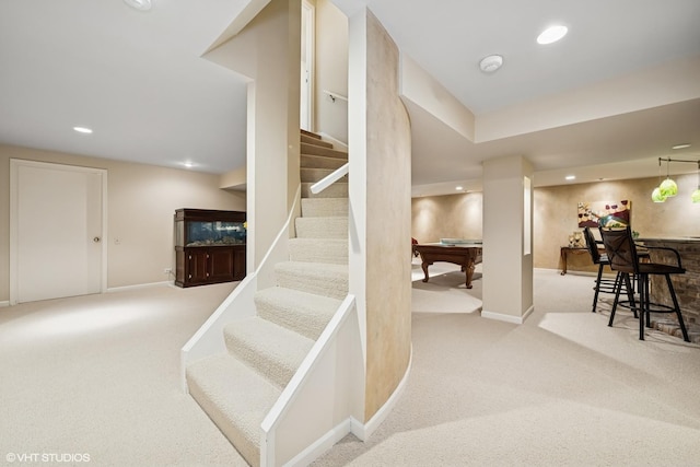 85 Ela Rd, Inverness, IL 60067 - staircase featuring bar, carpet, billiards table, and recessed lighting