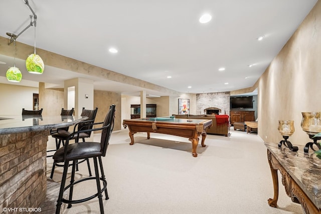 85 Ela Rd, Inverness, IL 60067 - game room featuring bar with sink, billiards table, light colored carpet, a fireplace, and recessed lighting