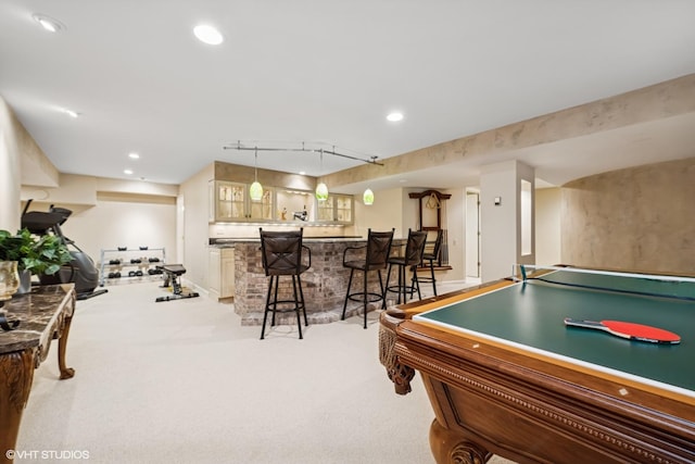85 Ela Rd, Inverness, IL 60067 - rec room featuring bar with sink, light carpet, track lighting, recessed lighting, and pool table