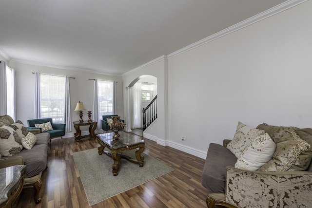 1650 Natures Way, Lindenhurst, IL 60046 - living area featuring arched walkways, crown molding, wood finished floors, and stairs