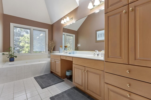 262 Hawk Hollow Dr, Bartlett, IL 60103 - full bathroom with tile patterned floors, double vanity, lofted ceiling, and a bath