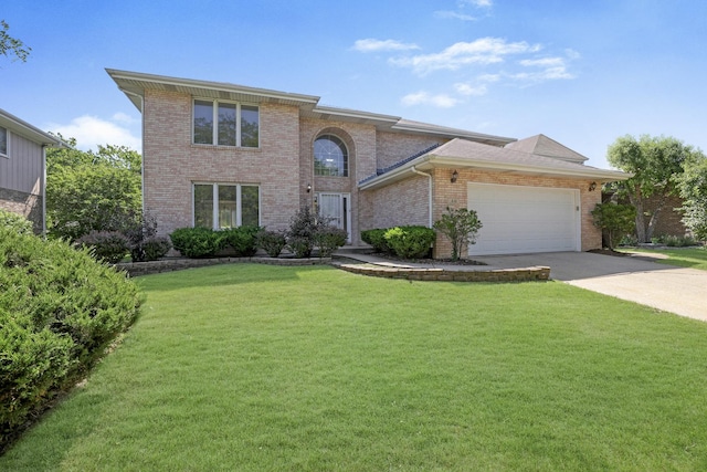 441 Wheeler Dr, Lemont, IL 60439 - traditional home with a garage, brick siding, a front yard, and concrete driveway