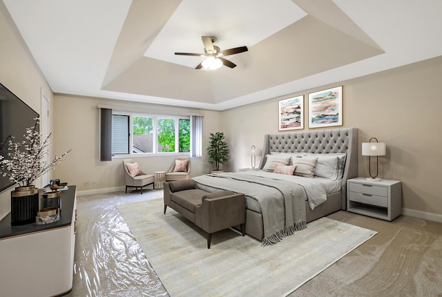 441 Wheeler Dr, Lemont, IL 60439 - bedroom featuring a raised ceiling, light colored carpet, and ceiling fan