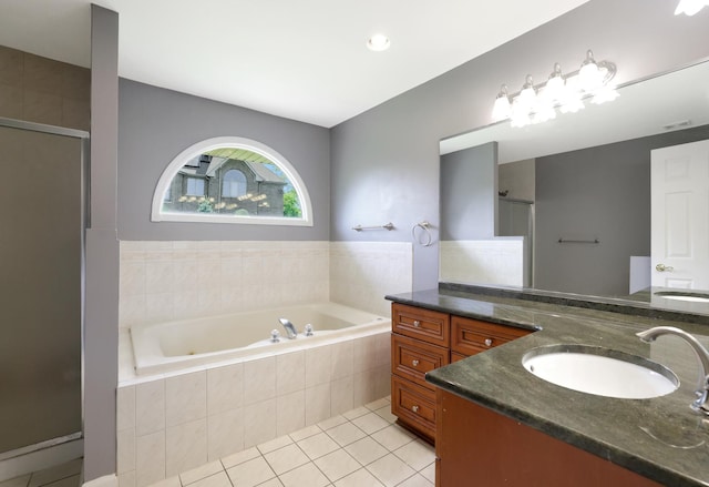 441 Wheeler Dr, Lemont, IL 60439 - bathroom with tile patterned flooring, a garden tub, vanity, and a stall shower