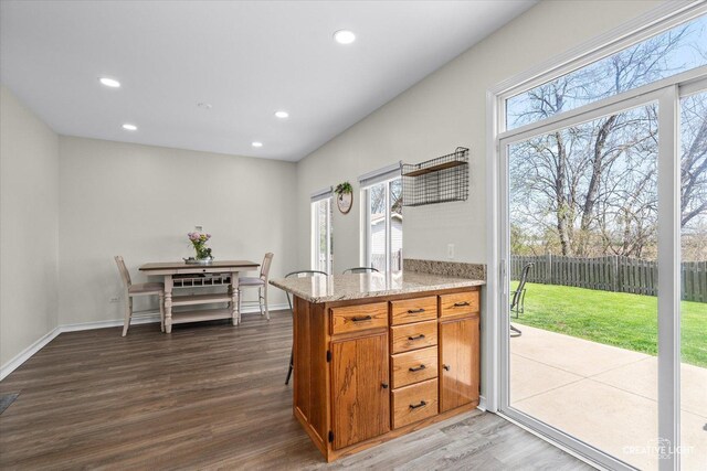 307 Gregory Ln, Plano, IL 60545 - kitchen featuring dark wood-style flooring, brown cabinetry, recessed lighting, and light stone countertops