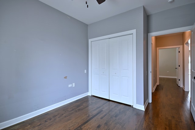 315 N Ridgeland Ave, Elmhurst, IL 60126 - unfurnished bedroom featuring dark wood-style flooring, a closet, and ceiling fan
