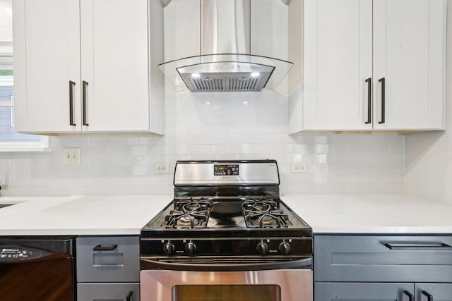 105 E Vermont St, Villa Park, IL 60181 - kitchen with stainless steel range with gas cooktop, wall chimney exhaust hood, dishwasher, and white cabinets