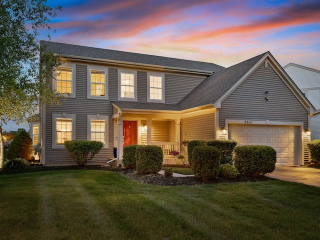 9312 Bristol Ln, Huntley, IL 60142 - view of front of house featuring a garage, a front lawn, concrete driveway, a shingled roof, and a porch