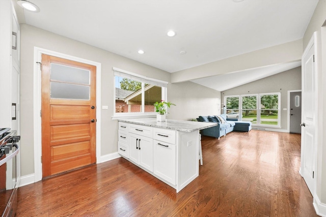 56 W Granville Ave, Roselle, IL 60172 - kitchen with white cabinetry, light stone counters, plenty of natural light, open floor plan, and vaulted ceiling