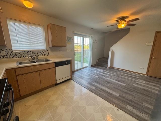 923 E Savannah Dr, Romeoville, IL 60446 - kitchen featuring white dishwasher, range, light countertops, a ceiling fan, and light tile patterned floors