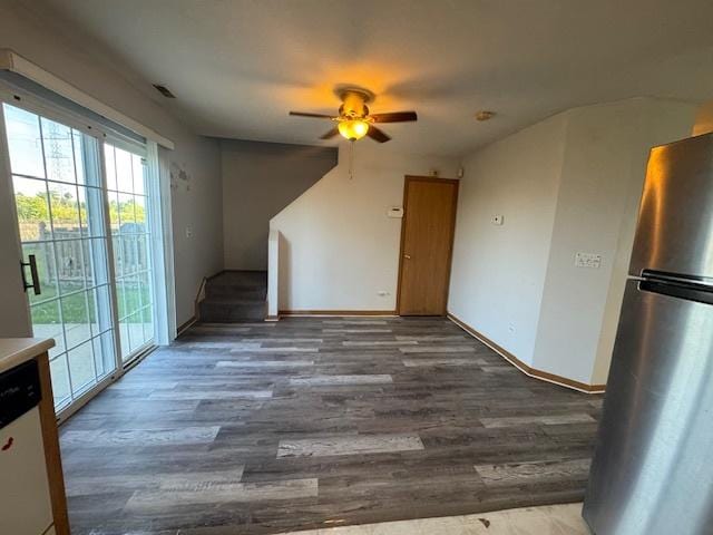 923 E Savannah Dr, Romeoville, IL 60446 - unfurnished living room featuring wood finished floors, ceiling fan, and stairway