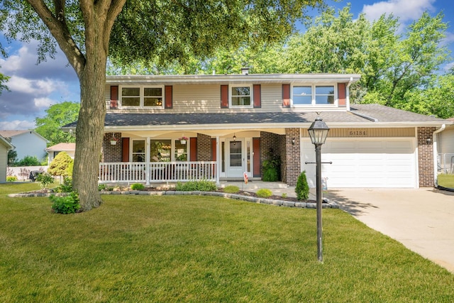 6S184 Lakewood Dr, Naperville, IL 60540 - traditional-style home with covered porch, brick siding, a garage, driveway, and a front lawn
