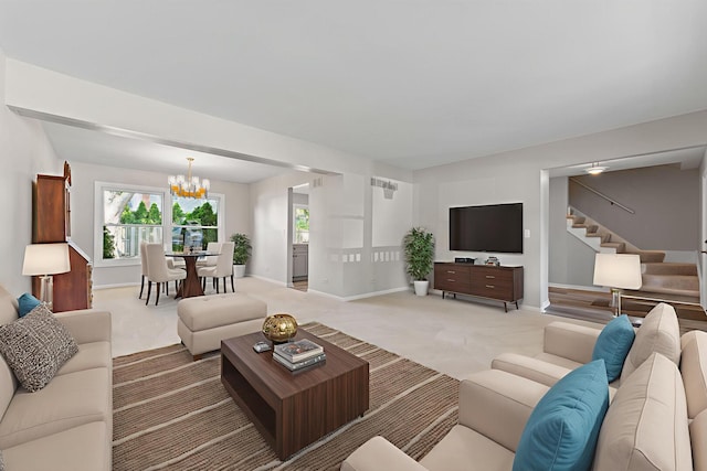 6S184 Lakewood Dr, Naperville, IL 60540 - living room featuring stairs, a chandelier, and light colored carpet