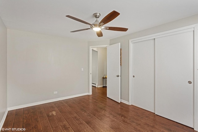 6839 N NW Hwy Unit 2B, Chicago, IL 60631 - unfurnished bedroom featuring wood-type flooring, a closet, a baseboard heating unit, and ceiling fan