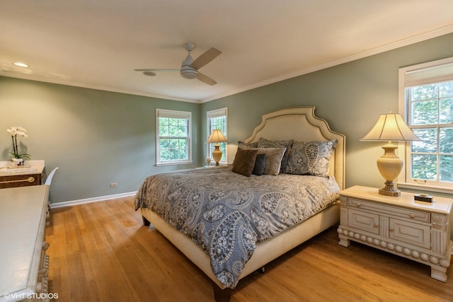 1076 Old Barn Ln, Lake Forest, IL 60045 - bedroom with light wood-style flooring, multiple windows, crown molding, ceiling fan, and recessed lighting