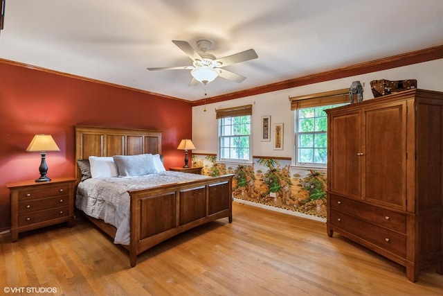 1076 Old Barn Ln, Lake Forest, IL 60045 - bedroom with light wood-style floors, ornamental molding, and ceiling fan