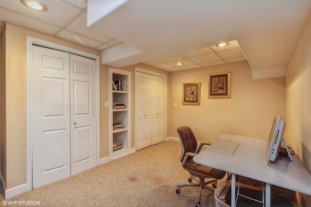 1076 Old Barn Ln, Lake Forest, IL 60045 - carpeted home office featuring a paneled ceiling, built in features, and recessed lighting